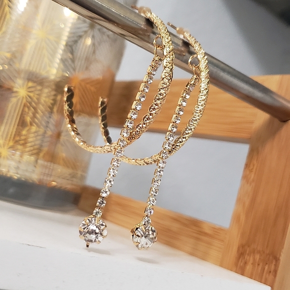 Gold Semi Hoops 💎 Hanging Cubic Zironia Droplets - Picture 2 of 3